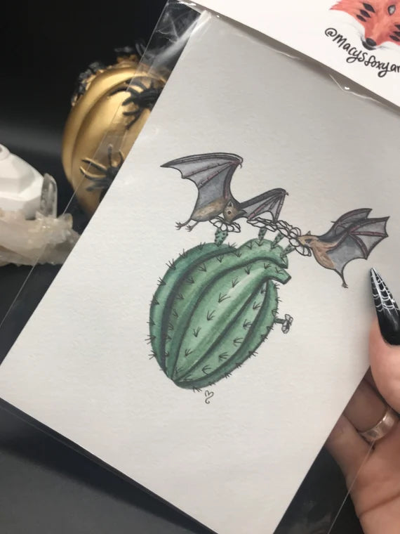 Bats with Saguaro Cactus Heart - Giclee fine art prints
